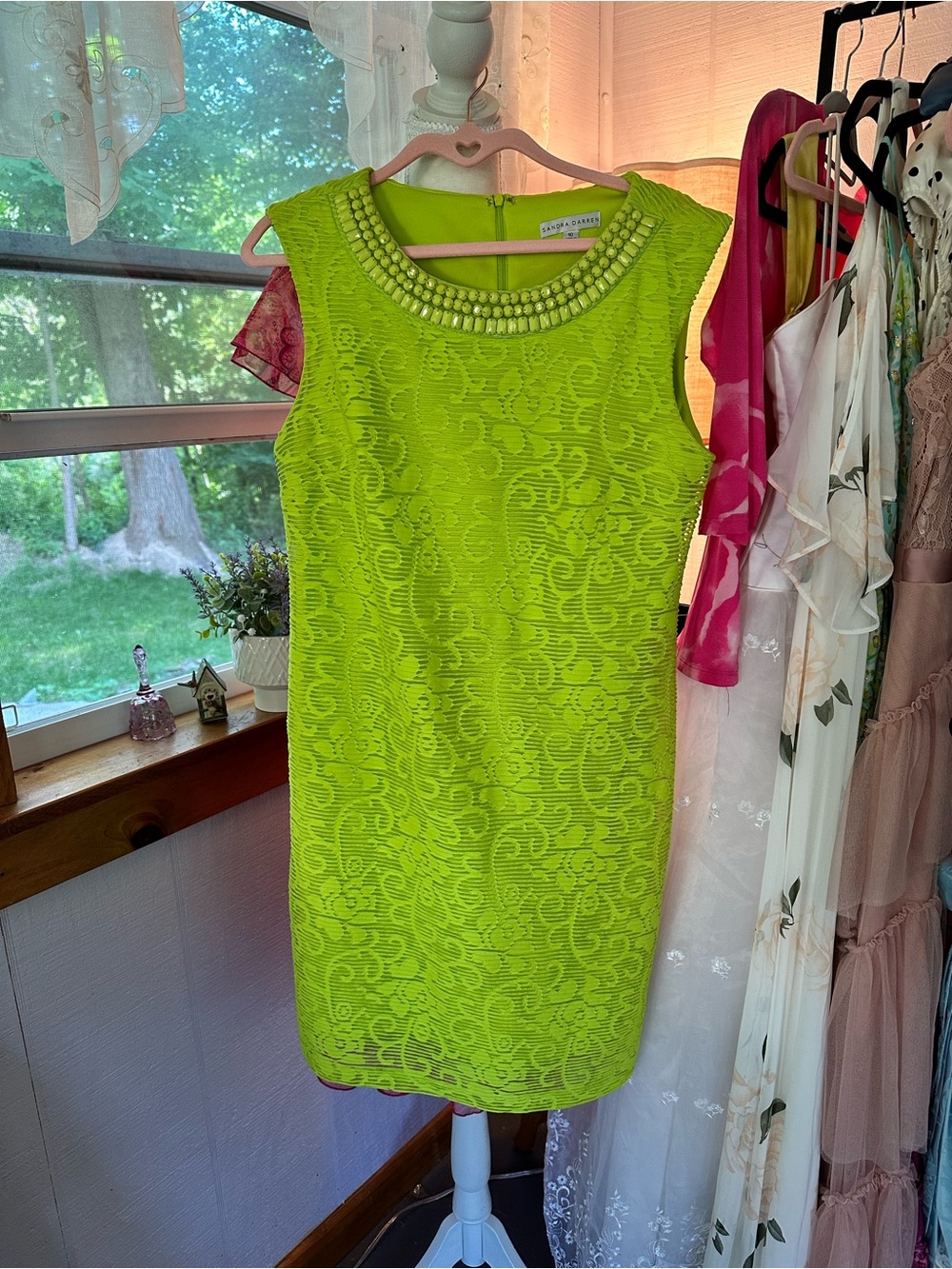 Sandra Darren Neon Lime Lace Sheath Dress with Beaded Collar